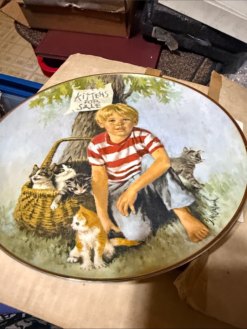 Vintage-Style Home Art Wall Plate - Red & White Boy with Kittens